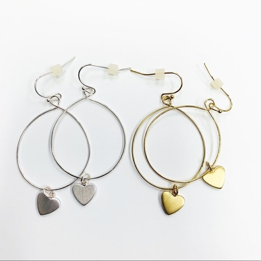 Heart Charm Dangle Hoops, Set of 2 Silver/Gold - Picture 2 of 11
